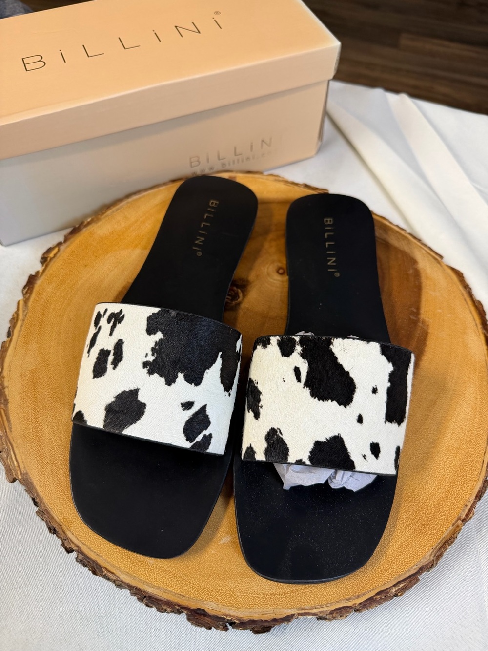 Billini Tyler Black & White Cow Print Slide Mules Calf Hair Square Toe Women’s 9